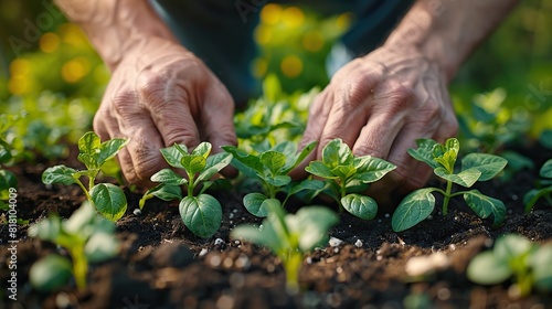 A farmer's hands planting young seedlings in the garden.