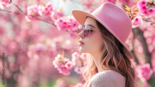 A woman wearing a pink hat and sunglasses, strolling through a blooming cherry blossom garden