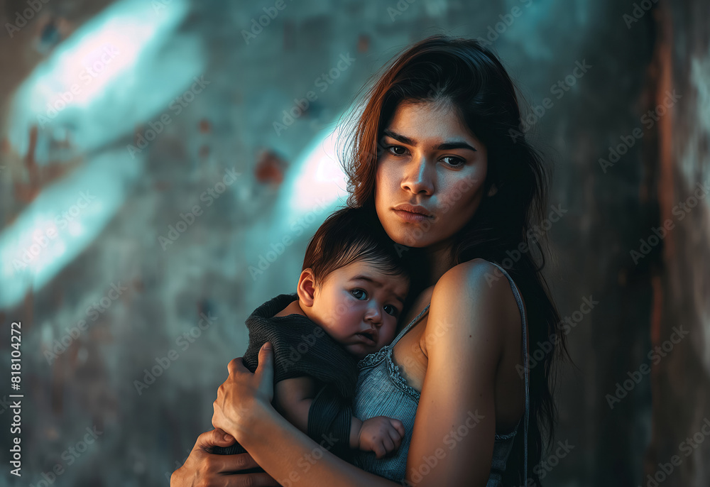 portrait of a determined homeless young woman holding her baby in a desolate urban setting portrait of a determined homeless young woman holding her baby in a desolate urban setting