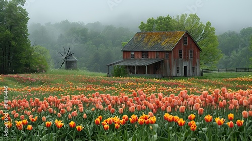 A rustic windmill near a field of tulips in full bloom.