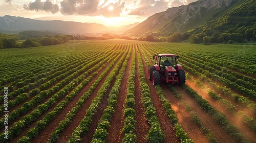 A farmer driving a tractor through a field of green crops.