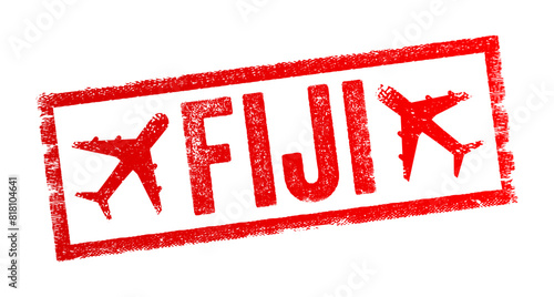 Fiji - a country in the South Pacific Ocean, comprising about 300 islands, text emblem stamp with airplane