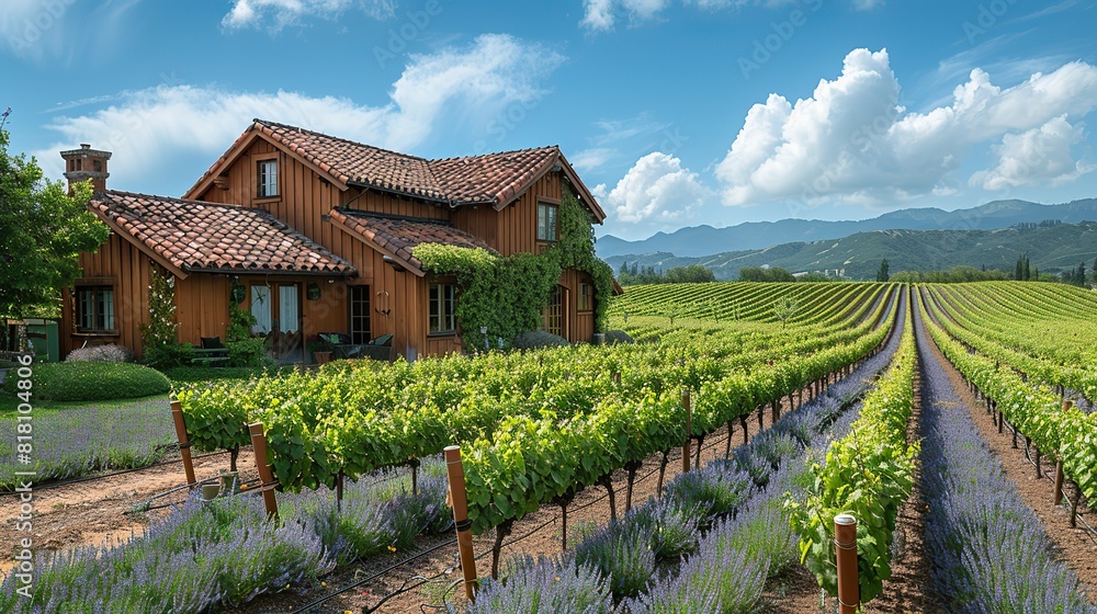 A picturesque farm with rows of grapevines stretching into the distance.