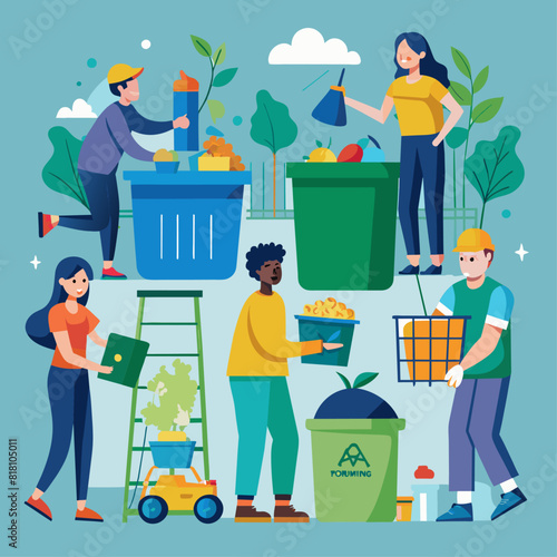 People recycling and sorting waste outdoors. Flat illustration on a white background. Environmental conservation and community action concept. Design for poster, banner, print.