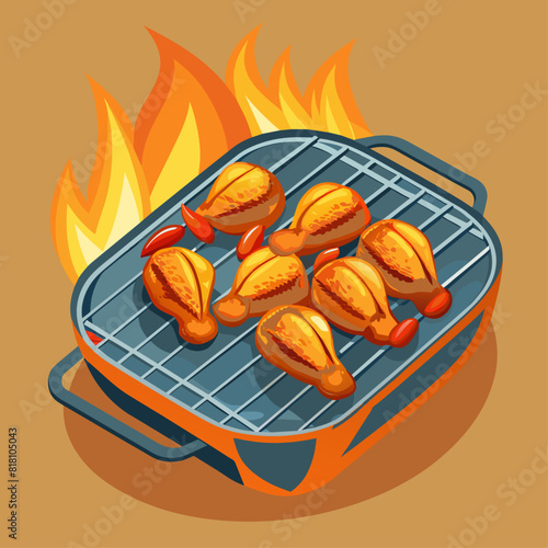 Grilled chicken drumsticks on a barbecue. Flat illustration on a brown background. Barbecue and cooking concept. Design for poster, banner, print.