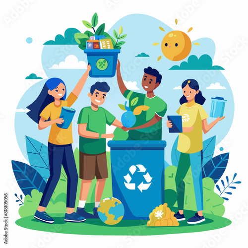 People recycling and sorting waste outdoors. Flat illustration on a white background. Environmental conservation and community action concept. Design for poster, banner, print.