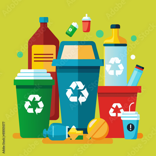 Colorful recycling bins and trash. Flat illustration on a yellow background. Waste sorting and environmental conservation concept. Design for poster, banner, print.