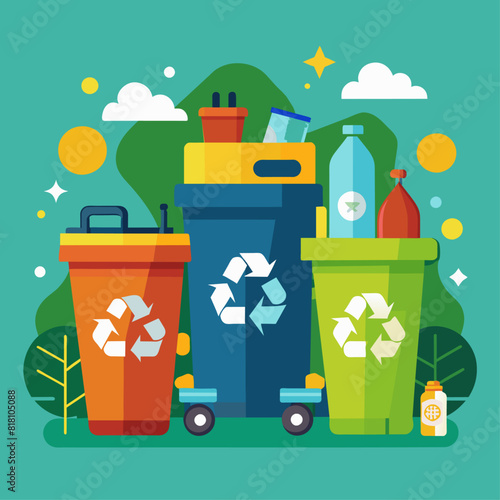 Colorful recycling bins and trash. Flat illustration on a yellow background. Waste sorting and environmental conservation concept. Design for poster, banner, print.