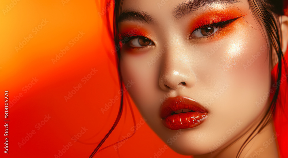 portrait of an Asian woman with striking red-orange makeup in a vivid setting with copy space for text portrait of an Asian woman with striking red-orange makeup in a vivid setting with copy space for text