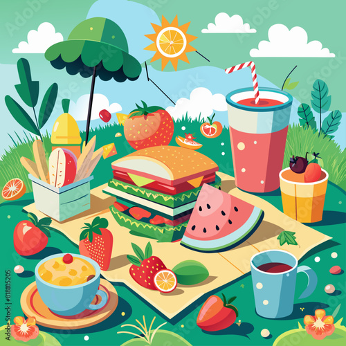 Picnic setup with sandwiches, fruits, and drinks on a blanket. Flat illustration on a green background. Summer picnic and outdoor dining concept. Design for poster, banner, print.