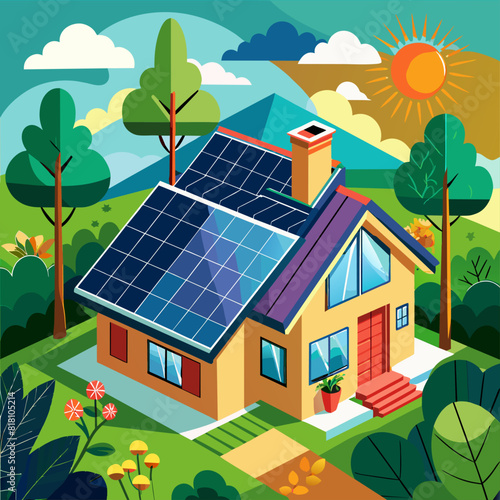 House with solar panels surrounded by trees. Flat illustration on a green background. Renewable energy and eco-friendly construction concept. Design for poster, banner, print