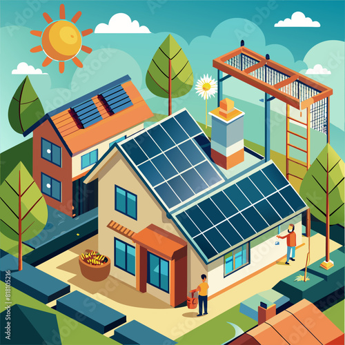house, solar panels, people, working, modern, renewable, energy, sustainable, living, illustration, flat, design, poster, banner, print, blue, green, yellow, roof, technology, environment, eco-friendl