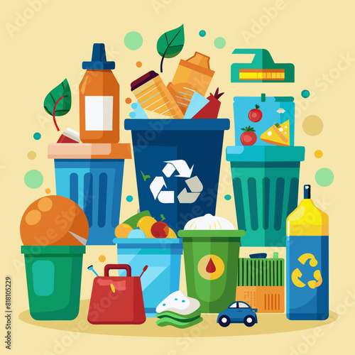 Recycling bins with various types of waste. Flat illustration on a blue background. Waste sorting and environmental conservation concept. Design for poster, banner, print.