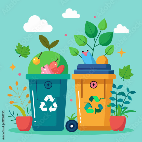 Two recycling bins with fruits and vegetables. Flat illustration on a green background. Waste management and environmental conservation concept. Design for poster, banner, print. Flat lay composition.