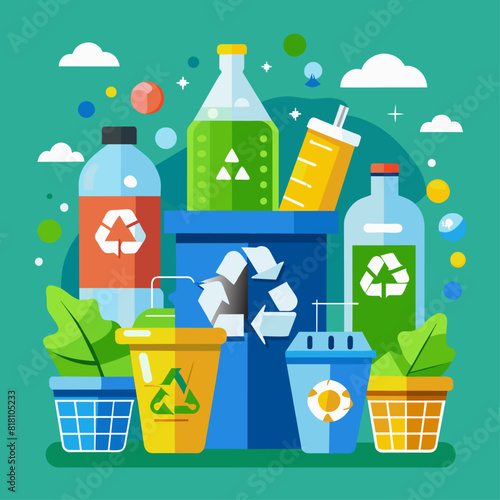 Recycling bins with various types of waste. Flat illustration on a blue background. Waste sorting and environmental conservation concept. Design for poster, banner, print.