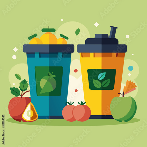 Two recycling bins with fruits and vegetables. Flat illustration on a green background. Waste management and environmental conservation concept. Design for poster, banner, print. Flat lay composition.