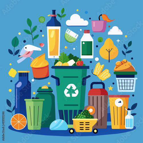 Recycling bins with various types of waste. Flat illustration on a blue background. Waste sorting and environmental conservation concept. Design for poster, banner, print.