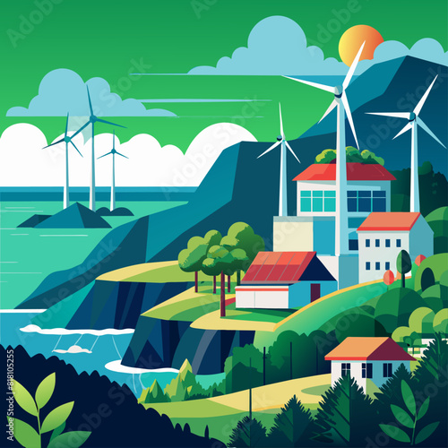 Wind turbines and buildings on the coast. Flat illustration on a green background. Renewable energy and sustainable development concept. Design for poster, banner, print