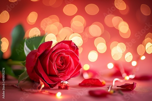 Red rose with small led lights on blurred lights background. Unfolded rose petals with copy space for valentines day background content.