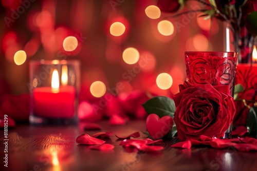 Valentine's day background. Roses and red rose petals with red candle in glass with blur lights background with copy space.