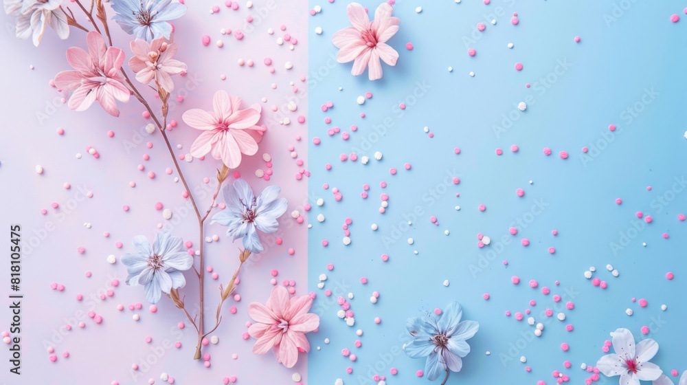 A blue and pink background with pink flowers and pink and blue sprinkles A blue and pink background with pink flowers and pink and blue sprinkles