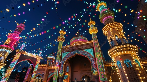 The mosque are decorated with colorful lights UHD wallpaper