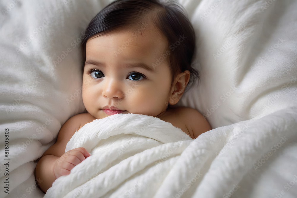 Copy space banner, dof, ultra detailed, Lovely baby girl laying on a white bed. Copy space banner, dof, ultra detailed, Lovely baby girl laying on a white bed.