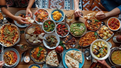 different plates of food on a table with people eating view from above in high resolution and high quality