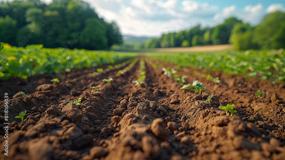 A close-up of a freshly plowed field with rich, dark soil. A close-up of a freshly plowed field with rich, dark soil.