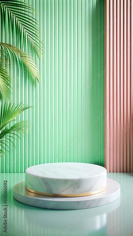 White marble podium, green plants background 3D , luxury pedestal presentation, vertical mockup White marble podium, green plants background 3D , luxury pedestal presentation, vertical mockup