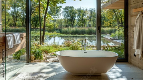 High-detail photo of a modern bathroom with a freestanding bathtub and large windows overlooking a garden