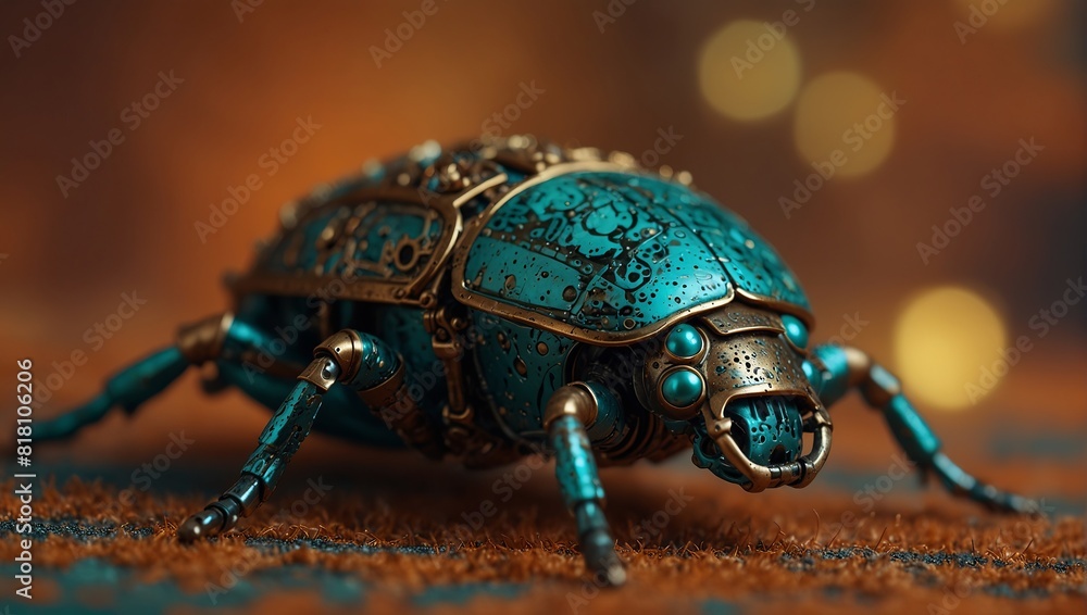 Fototapeta premium Detailed view of a turquoise and bronze mechanical beetle, with segmented limbs and a patterned shell, on an orange backdrop.