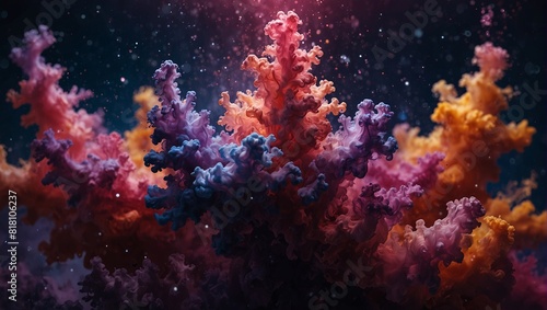 Dramatic dance of pink, purple, and orange inks, illustrating a captivating abstract underwater nebula.