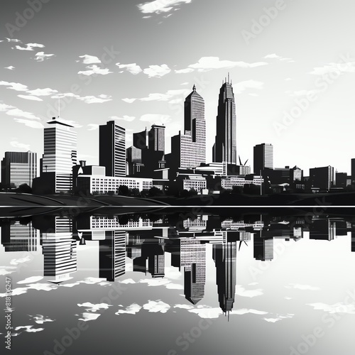 Towering buildings are reflected in calm water below  created perfect mirror image. Cityscape in black and white and sky filled with clouds. 