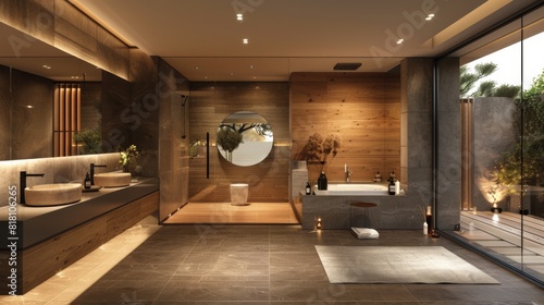 High-detail photo of a modern bathroom with a large mirror, floating vanity, and elegant design