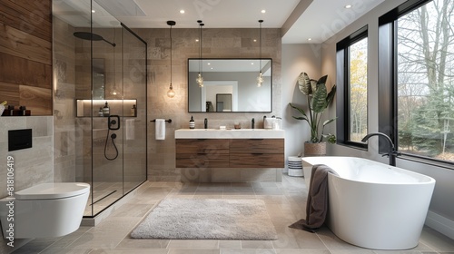 High-detail photo of a modern bathroom with a large mirror, floating vanity, and sleek fixtures