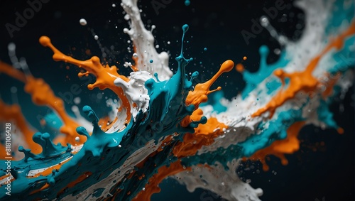 Expressive paint mixture with dynamic turquoise, orange, and white splashes. Perfect for creative backgrounds, designs, and modern art themes. photo