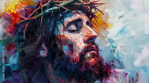 pensive jesus portrait with crown of thorns eyes closed in prayer colorful oil painting photo