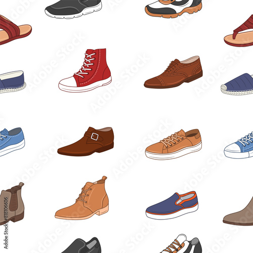 Men's shoes collection. Various types of male shoes casual boots, sneakers, formal shoes, vector seamless pattern background.