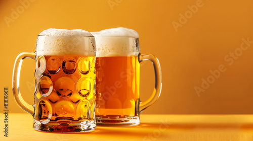 Glasses and mug of cold beer on yellow background. 