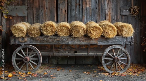 A rustic wooden wagon filled with hay bales.