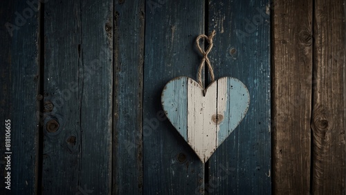 Shabby chic blue painted wooden planks with a white heart symbol  evoking a romantic rustic vibe.