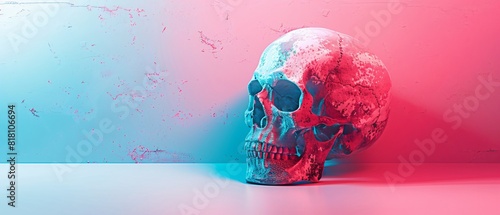 abstract background, skull placed on the floor decorated with alternating pink and blue lights. In the light that represents LGBTQ pride month photo