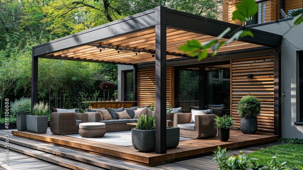 High-detail photo of a modern garden with a minimalist pergola, stylish outdoor furniture, and potted plants