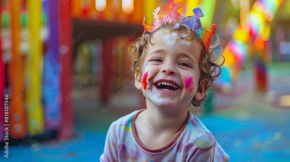 playful young child with crown face paint in vibrant play area joyful childhood portrait lifestyle photography playful young child with crown face paint in vibrant play area joyful childhood portrait lifestyle photography