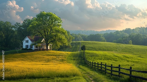 A picturesque farm with a white farmhouse and green pastures.