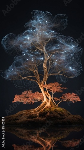 A tree surrounded by streams of energy as a Concept of Spiritual growth. Development. Minimalism. © Sahaidachnyi Roman