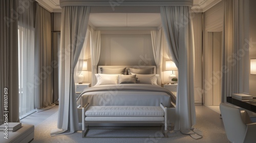 A cozy bedroom featuring a stylish canopy bed, plush bedding, and soft, ambient lighting. The room showcases neutral tones and modern decor, with sheer curtains adding a touch of elegance. © Prostock-studio