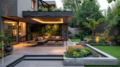 High-detail photo of a modern home garden with a stylish outdoor lounge, concrete planters, and ambient lighting