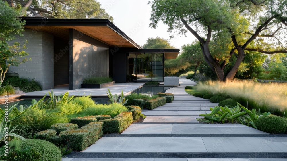 High-detail photo of a modern home garden with sleek stone pathways and minimalist plant arrangements High-detail photo of a modern home garden with sleek stone pathways and minimalist plant arrangements
